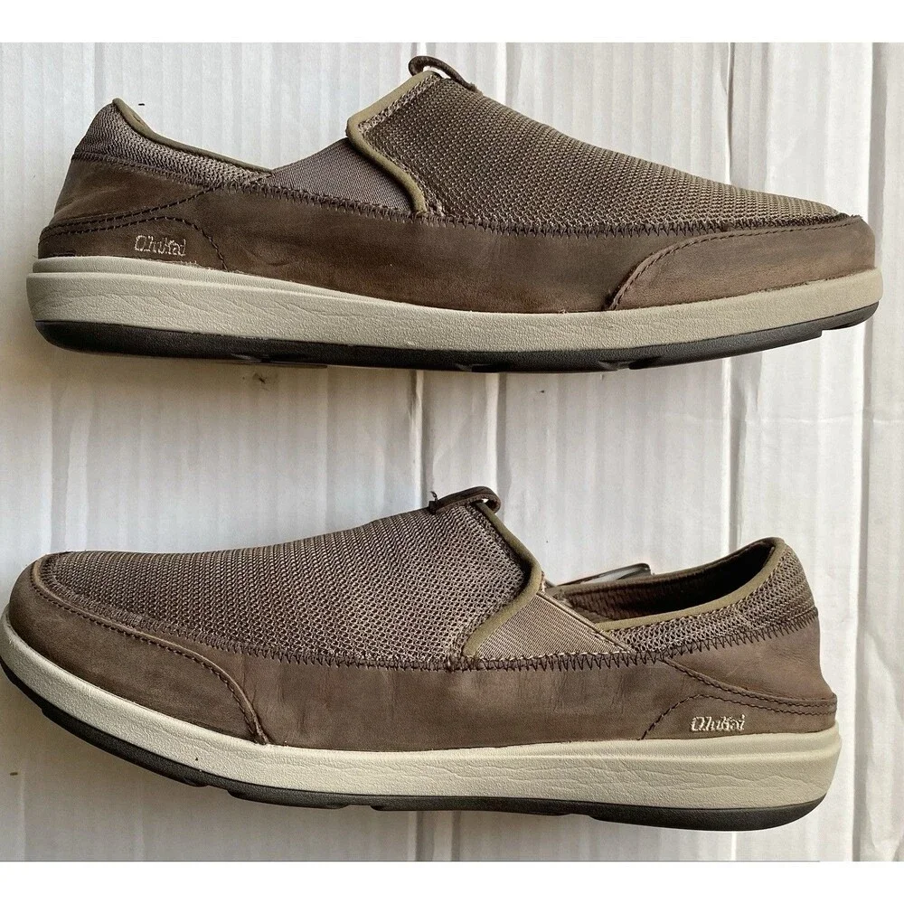 Olukai Makia Mens 10.5 Casual Slip On Loafer Mesh Leather Boat Shoe Brown